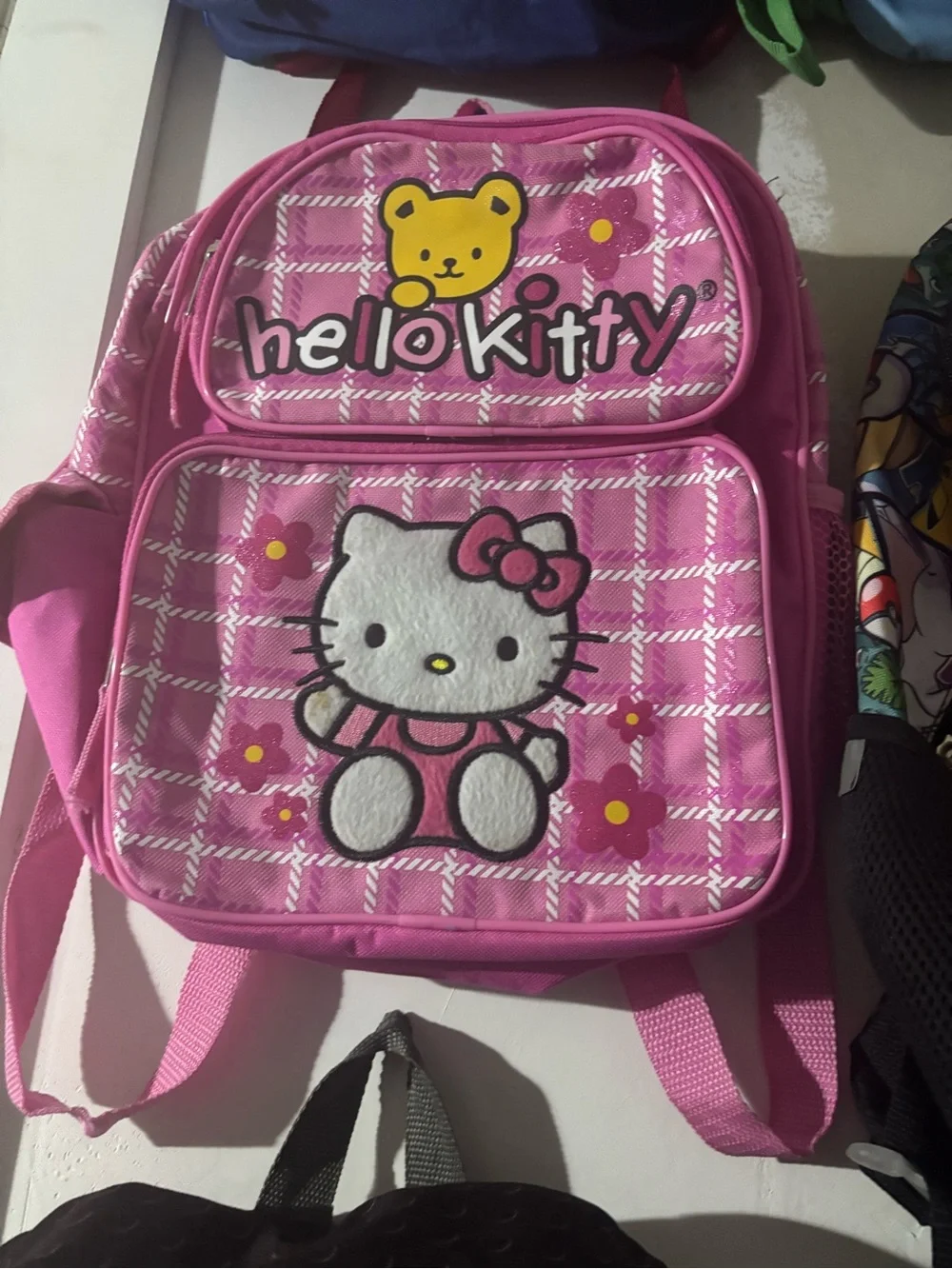 Hello Kitty Pink Kids Backpack with Floral Plaid Design